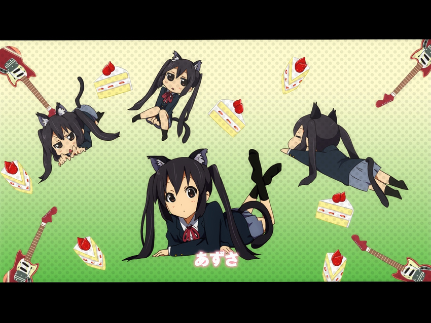 amano_kouki animal_ears black_hair brown_eyes cake cat_ears cat_tail chibi food guitar instrument jitome k-on! legs_up letterboxed long_hair looking_at_viewer lying nakano_azusa on_stomach school_uniform sidelocks solo tail twintails wallpaper