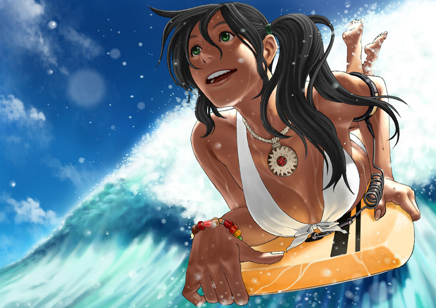 barefoot bikini black_hair bodyboard bracelet breasts cleavage dark_skin day face foreshortening front-tie_top green_eyes hands hata_yui highres jewelry large_breasts lying necklace nose on_stomach original side_ponytail sky solo surfboard surfing swimsuit water