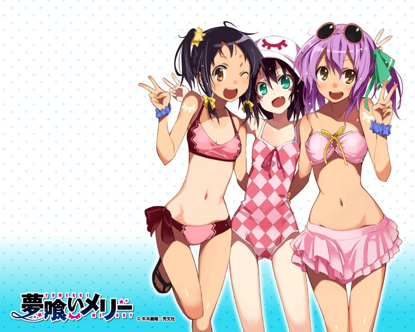 :d ;d bandeau bikini black_hair brown_eyes casual_one-piece_swimsuit checkered checkered_swimsuit eyewear_on_head fang front-tie_top green_eyes kounagi_yui merry_nightmare multiple_girls navel official_art one-piece_swimsuit one_eye_closed open_mouth pink_swimsuit ponytail purple_hair ribbon sandals short_hair side_ponytail smile sunglasses swimsuit tachibana_isana tan tanline thigh_gap ushiki_yoshitaka v wallpaper yumekui_merry