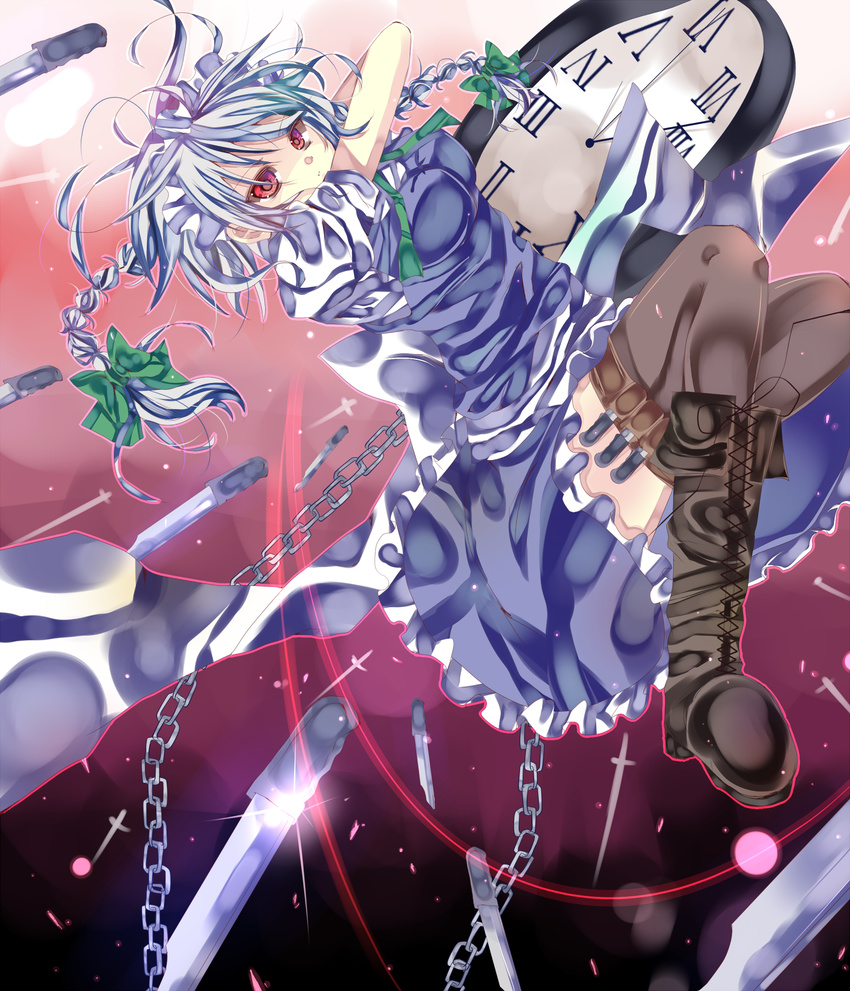 boots bow braid chain cross-laced_footwear heath41 highres izayoi_sakuya knife lace-up_boots maid maid_headdress red_eyes short_hair silver_hair solo touhou twin_braids watch