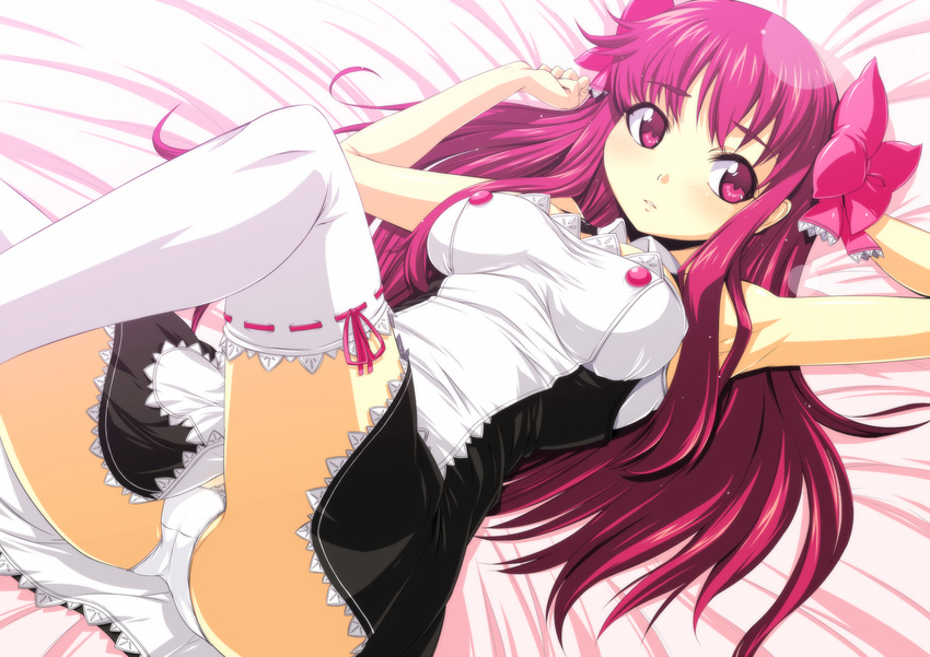 amane_(dream_c_club) dream_c_club dream_c_club_(series) dream_c_club_zero highres long_hair lying on_back onija_tarou panties pink_eyes pink_hair ribbon sleeveless solo thighhighs underwear white_legwear white_panties