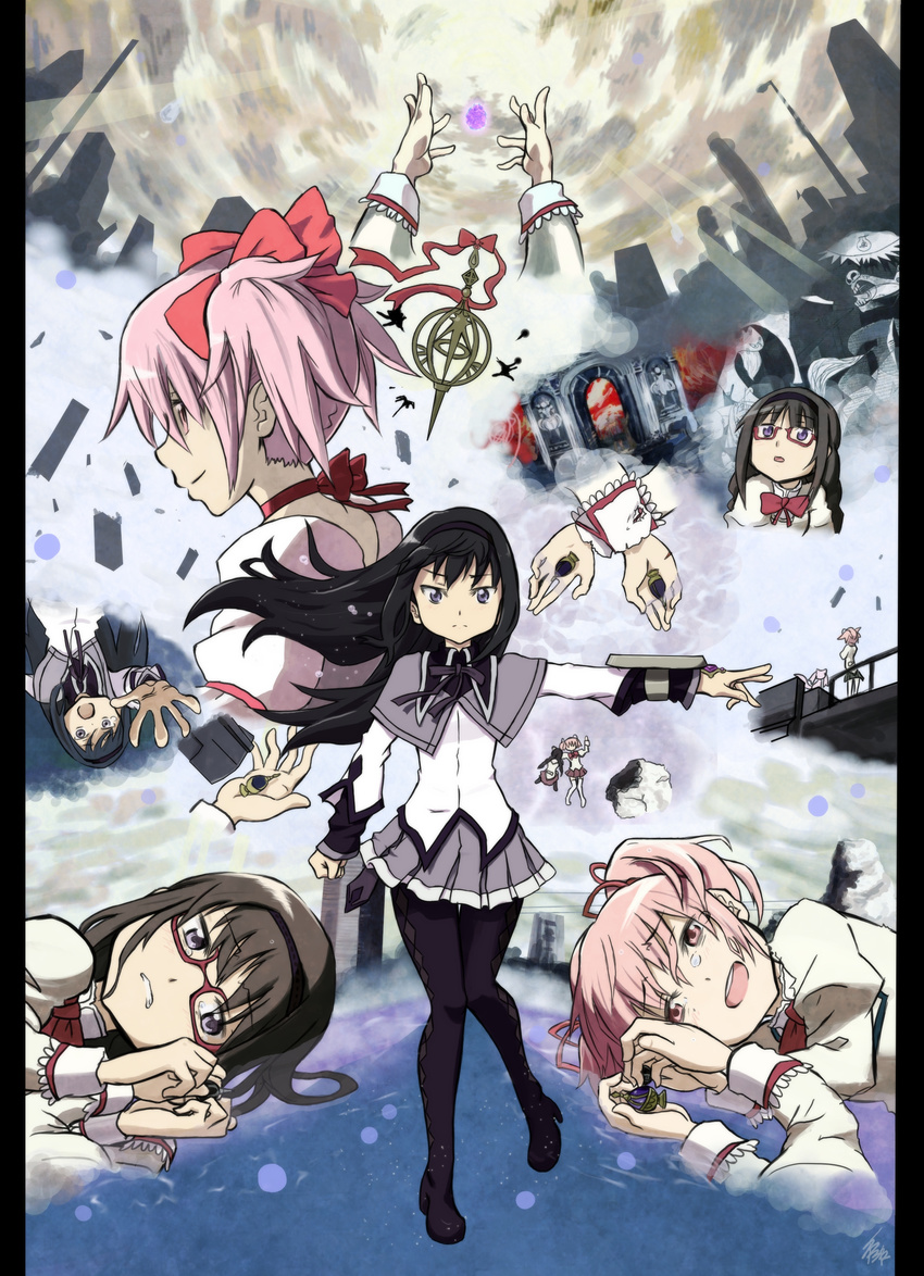 absurdres akemi_homura black_hair braid glasses grief_seed hairband highres izabel_(madoka_magica) kaname_madoka kyubey long_hair magical_girl mahou_shoujo_madoka_magica mitakihara_school_uniform multiple_girls pantyhose pillarboxed pink_eyes pink_hair purple_eyes red-framed_eyewear school_uniform short_hair short_twintails shuuwa soul_gem spoilers tears twin_braids twintails