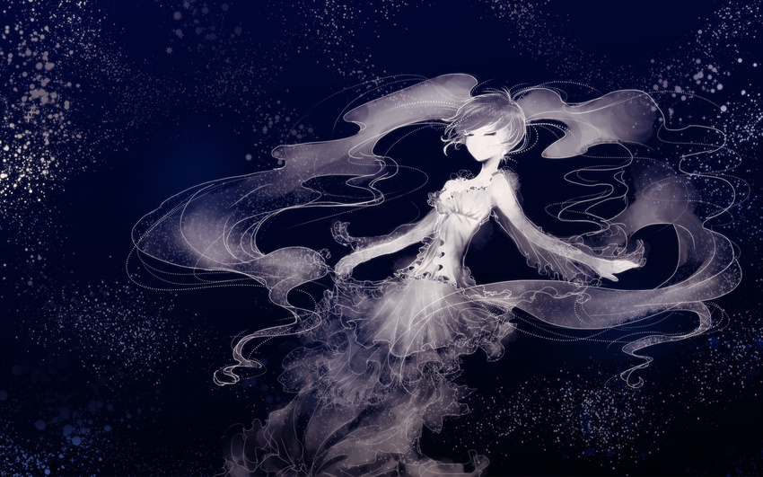closed_eyes dress hatsune_miku highres long_hair monochrome nise_(navy) solo twintails very_long_hair vocaloid