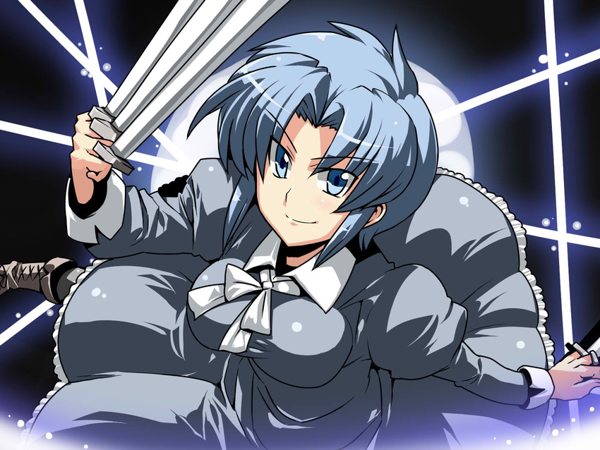 black_keys blue_eyes blue_hair ciel highres short_hair solo sword tsuki_wani tsukihime weapon