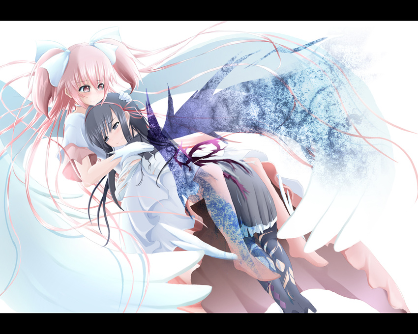 akemi_homura between_legs black_hair blush gloves hug kaname_madoka kazuna letterboxed long_hair mahou_shoujo_madoka_magica multiple_girls no_nose pantyhose pink_hair ribbon spoilers torn_clothes torn_legwear two_side_up ultimate_madoka white_gloves wings