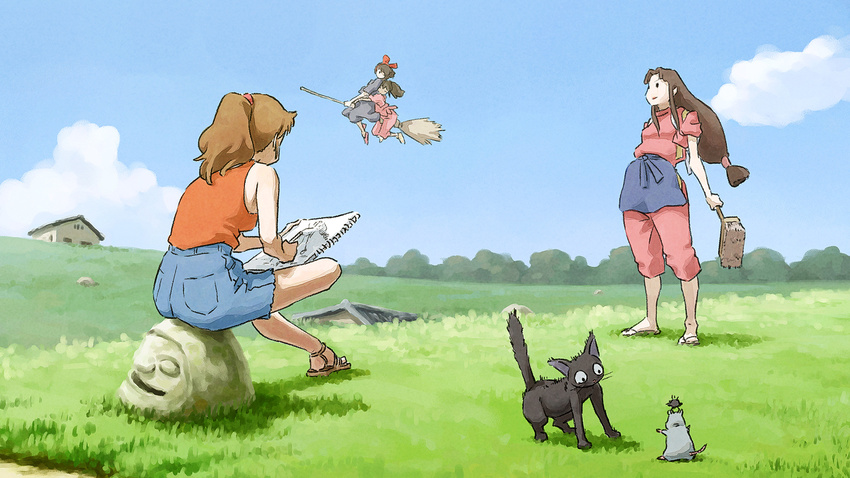 black_cat broom broom_riding brown_hair cat cloud company_connection crossed_legs crossover day drawing field grass hakama highres japanese_clothes jiji_(majo_no_takkyuubin) kiki long_hair majo_no_takkyuubin multiple_girls ogino_chihiro ponytail rin_(sen_to_chihiro_no_kamikakushi) sandals sen_to_chihiro_no_kamikakushi sitting sketchbook sky studio_ghibli tnt_(aaaazzzz) ursula_(majo_no_takkyuubin)