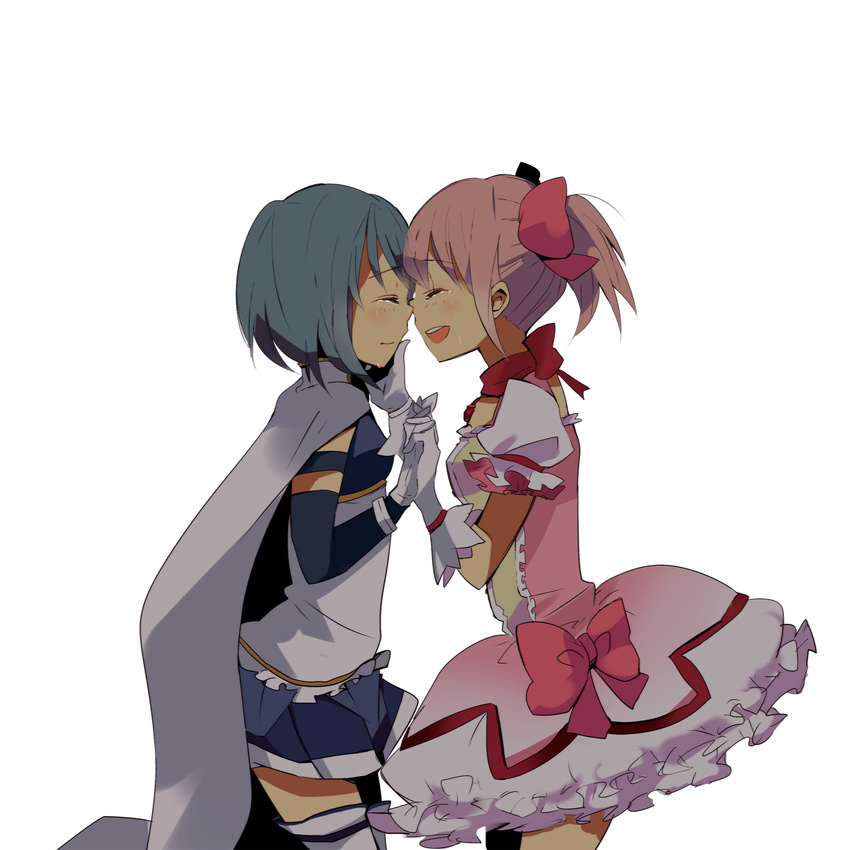 blue_hair bow bubble_skirt cape closed_eyes error face-to-face gloves hair_bow hand_on_another's_face highres holding_hands kaname_madoka magical_girl mahou_shoujo_madoka_magica md5_mismatch meno miki_sayaka multiple_girls noses_touching pink_hair short_hair short_twintails simple_background skirt tears thighhighs twintails zettai_ryouiki