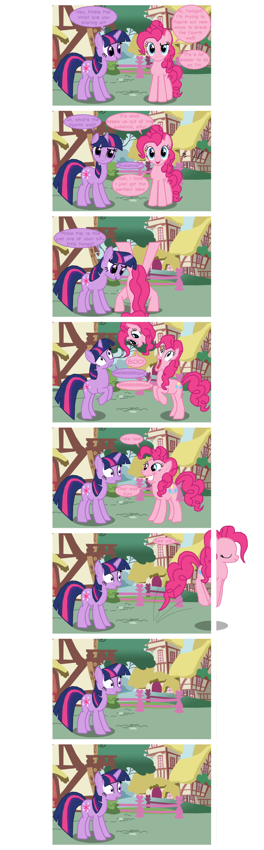 ? absurd_res alpha_channel breaking_the_fourth_wall comic dialog english_text equine female feral friendship_is_magic fur hi_res horn horse it_doesn't_make_sense mammal my_little_pony pink_fur pinkie_pie_(mlp) pony text thelastgherkin twilight_sparkle_(mlp) unicorn what