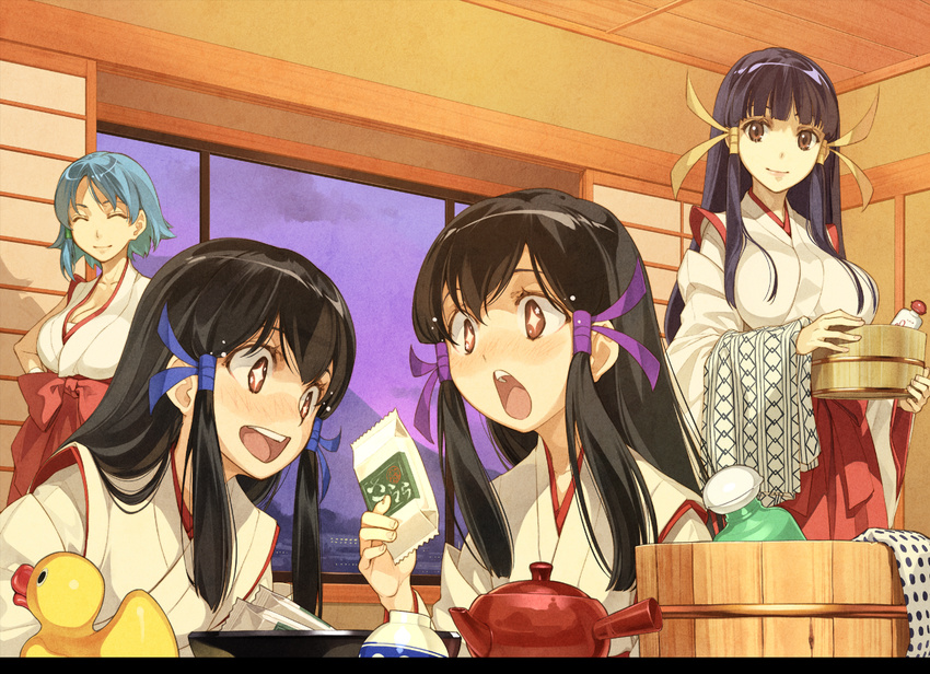 4girls arcana_heart black_hair blush breasts closed_eyes face food hair_ribbon hidari_(left_side) japanese_clothes kasuga_koito kasuga_kouta kasuga_maori kasuga_tsuzune large_breasts long_hair miko multiple_girls open_mouth ribbon rubber_duck siblings side_handle_teapot sisters smile teapot twins washpan