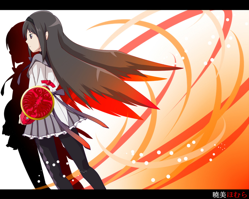 akemi_homura kaisyuu kamen_rider kamen_rider_ooo kamen_rider_ooo_(series) long_hair mahou_shoujo_madoka_magica pantyhose parody school_uniform shield solo taja_spinner