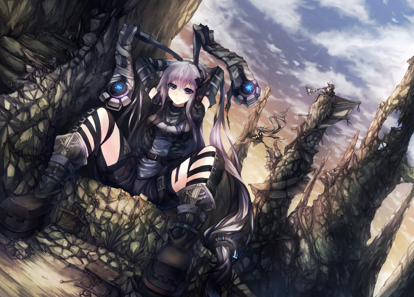 adjusting_hair animal_ears boots breasts bunny_ears cloud dutch_angle highres long_hair mamuru medium_breasts original purple_hair sitting sky solo very_long_hair