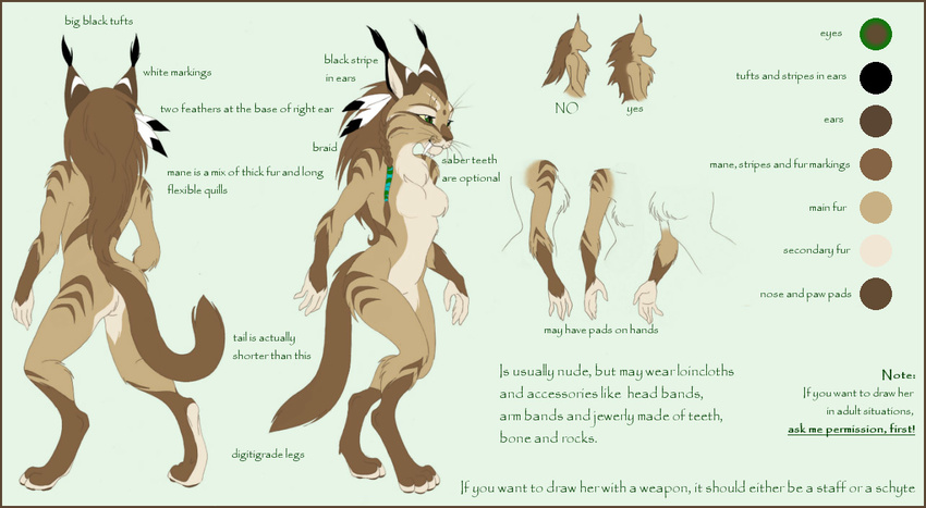 ayelet aylie back face_markings feathers feline female lynx mane_hair model_sheet nude sabertooth solo whiskers