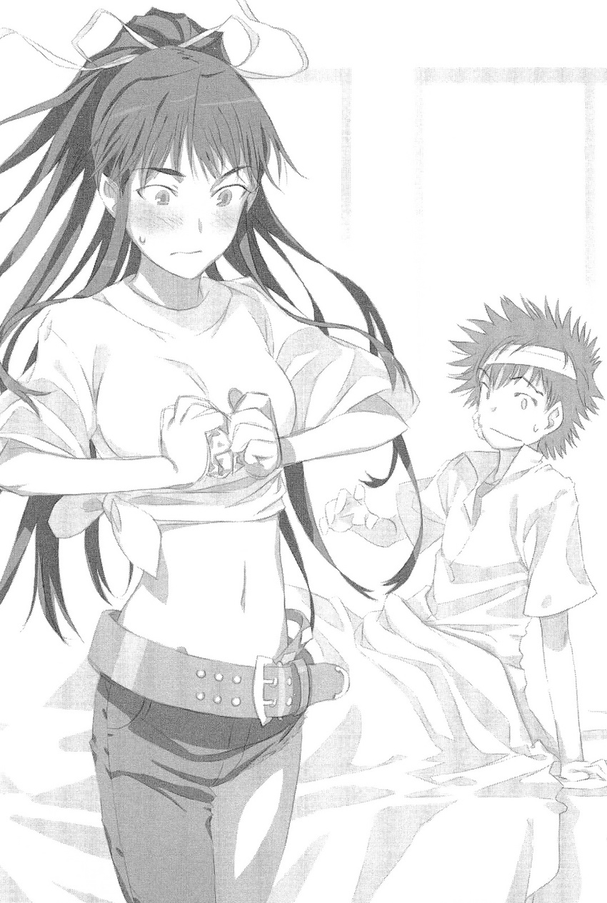 1girl breasts buckle cleavage collarbone greyscale headband highres indoors kamijou_touma kanzaki_kaori long_hair medium_breasts midriff monochrome navel non-web_source pants ponytail smile spiked_hair stomach to_aru_majutsu_no_index very_long_hair wide-eyed