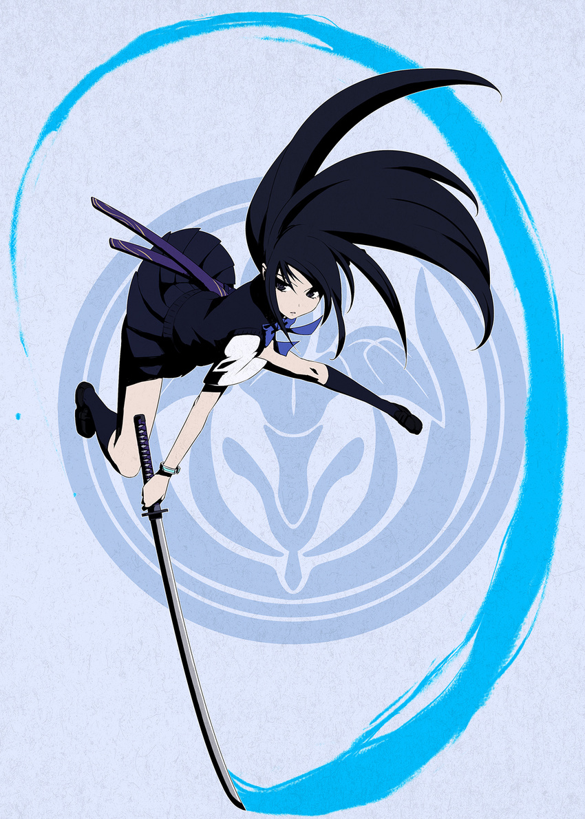 black_eyes black_hair highres kami_juukou katana long_hair original ribbon school_uniform skirt solo sword weapon