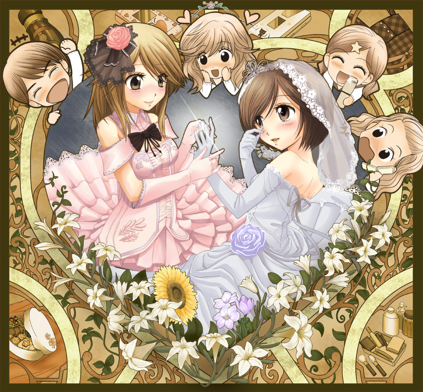 blue_flower blue_rose blush brown_eyes brown_hair cellphone couple dress flower girl_friends_(manga) happy heart hi-ho- highres kumakura_mariko kuno_chiharu lily_(flower) long_hair multiple_girls oohashi_akiko phone pink_flower pink_rose rose sekine_tamami short_hair smile sugiyama_satoko sunflower taguchi_urara tears wedding_dress wife_and_wife yuri