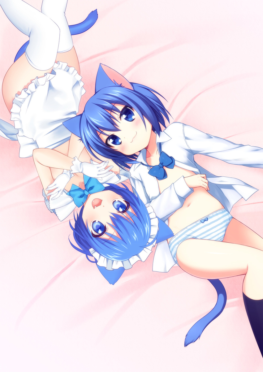 :3 animal_ears apron blue_eyes blue_hair bow bowtie cat_ears collaboration covering covering_breasts fang flat_chest gloves highres lying multiple_girls navel onka open_clothes open_shirt original panties piyodera_mucha shirt short_hair striped striped_panties tail thighhighs topless underwear usashiro_mani