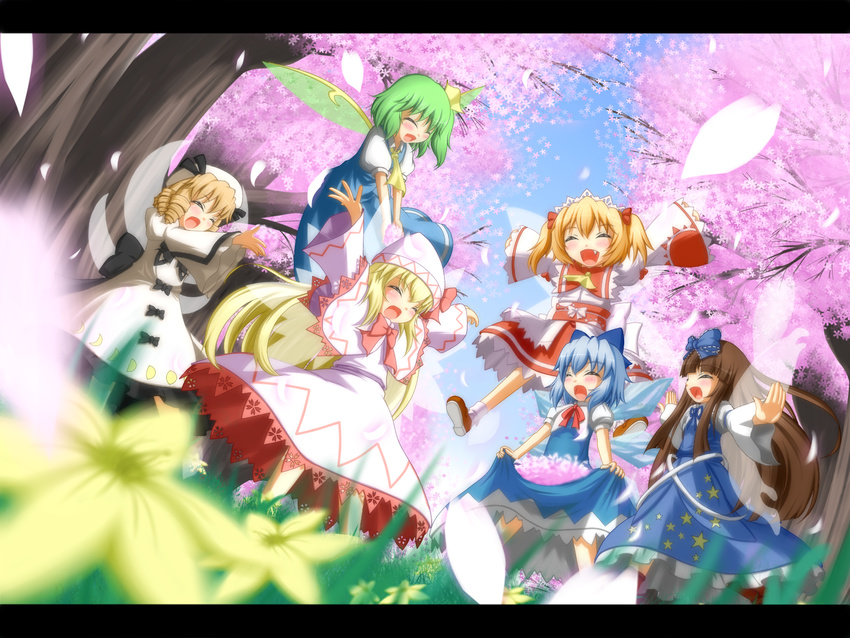 :d \o/ arms_up black_hair blonde_hair blue_hair blush bow cherry_blossoms cirno daiyousei dress drill_hair dutch_angle fairy fairy_wings fang green_hair hair_bow hana_(0458251551) happy hat highres ice ice_wings lily_white long_hair luna_child multiple_girls open_mouth outstretched_arms petals ribbon short_hair side_ponytail skirt_basket smile spread_arms star star_print star_sapphire sunny_milk touhou two_side_up wings yousei_daisensou