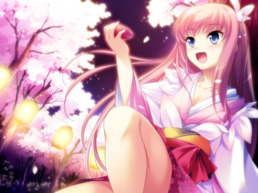 blue_eyes cherry_blossoms game_cg japanese_clothes kimono love_kami petals pink_hair sake tagme tree