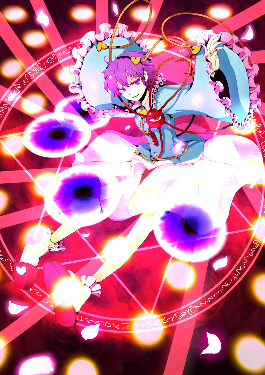 absurdres danmaku earrings eyeball hairband heart highres jewelry komeiji_satori nagihara_rion nail_polish outstretched_arms pigeon-toed purple_eyes purple_hair short_hair sleeves_past_wrists slippers smile solo spread_arms third_eye touhou