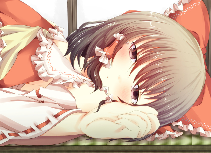 bad_id bad_pixiv_id blush bow brown_eyes brown_hair close-up detached_sleeves dress face hair_bow hair_tubes hakurei_reimu lying on_back pasutel red_dress solo touhou waking_up
