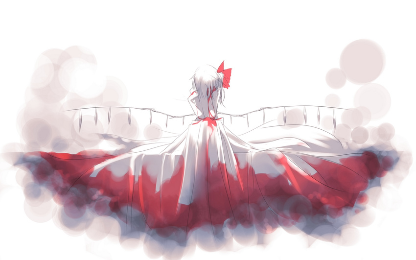 bed_sheet blood bloody_clothes bloody_dress blurry bokeh commentary_request covering_face crying crystal demon_wings depth_of_field dress fading flandre_scarlet from_behind full_body hat highres mob_cap nude red_dress simple_background sitting solo spread_wings tan_(carbon) touhou vampire white_background white_dress wings