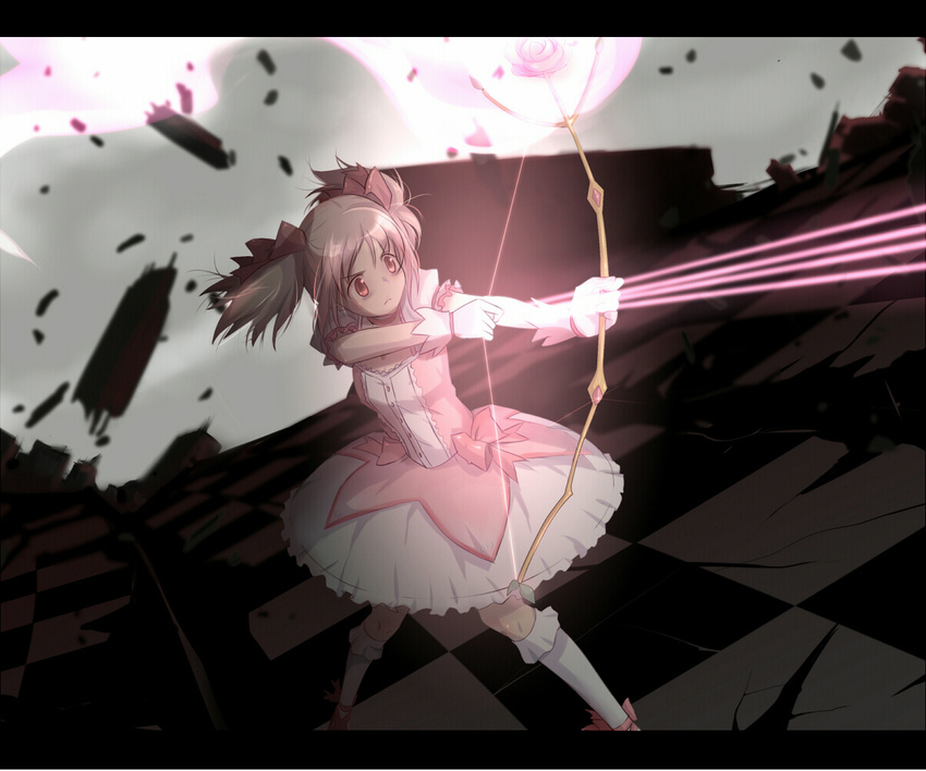 bow_(weapon) checkered checkered_floor flower gloves kaname_madoka letterboxed magical_girl mahou_shoujo_madoka_magica misu_kasumi pink_eyes pink_flower pink_hair pink_rose rose short_hair solo spoilers twintails weapon witch's_labyrinth