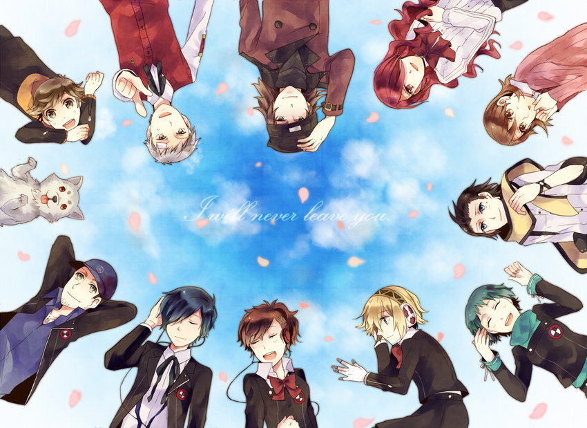 6+boys aegis_(persona) amada_ken android animal aragaki_shinjirou beanie black_hair blonde_hair blue_eyes blue_hair bow brown_eyes brown_hair child circle_formation closed_eyes dog english everyone female_protagonist_(persona_3) hair_ornament hair_over_one_eye hat headphones iori_junpei kirijou_mitsuru koromaru long_hair mentaishi mochizuki_ryouji multiple_boys multiple_girls persona persona_3 persona_3_portable red_eyes red_hair ribbon sanada_akihiko scarf school_uniform short_hair smile takeba_yukari trench_coat yamagishi_fuuka yuuki_makoto