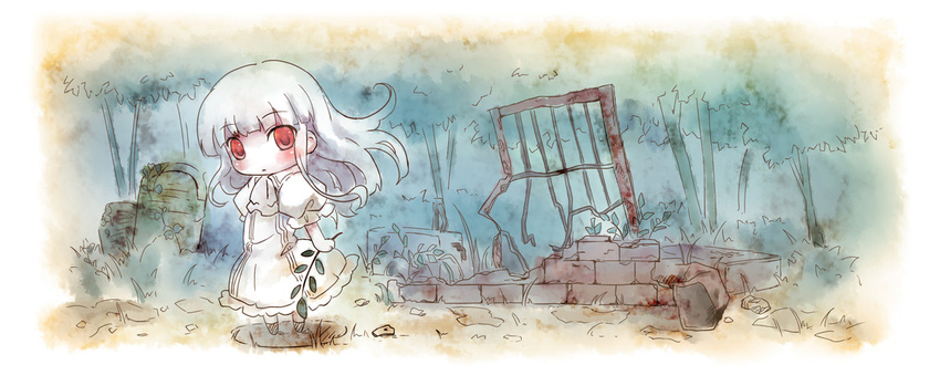 blush broiler chibi dress female forest holding looking_at_viewer nature outdoors plant red_eyes ruins silver_hair skirt solo standing tree