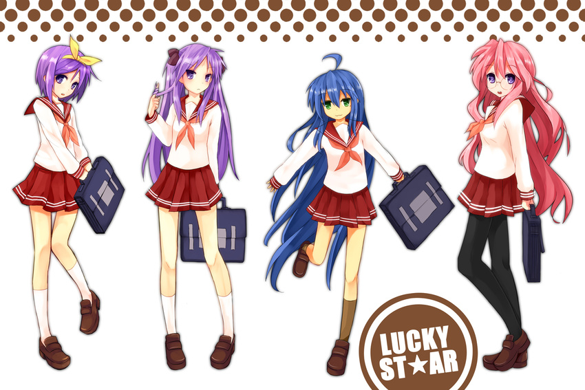 :&lt; :3 ahoge arm_behind_back bad_id bad_pixiv_id bag blue_eyes blue_hair bow frown glasses green_eyes hair_bow hair_ribbon hair_twirling hiiragi_kagami hiiragi_tsukasa izumi_konata knees_together_feet_apart knees_touching ld_(bearbellld) long_hair lucky_star mole mole_under_eye multiple_girls nervous open_mouth pantyhose pink_hair pink_neckwear pleated_skirt profile purple_eyes purple_hair ribbon ryouou_school_uniform school_bag school_uniform serafuku short_hair shy skirt takara_miyuki tareme tsurime twintails very_long_hair yellow_bow