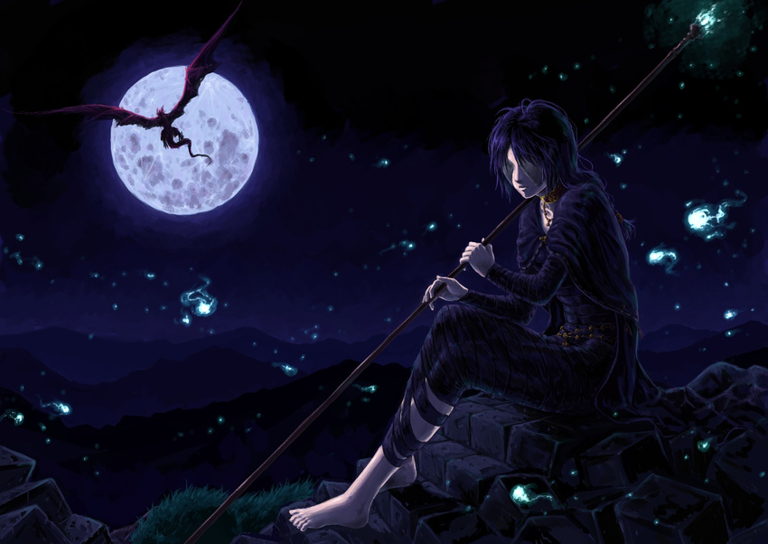 1girl barefoot black_hair braid cape demon's_souls demon's_souls dragon dress feet female from_software full_moon highres long_hair maiden_in_black moon nature night outdoors plant single_braid sitting sky solo souls_(from_software) staff stairs tatsuya_(pixiv418816)