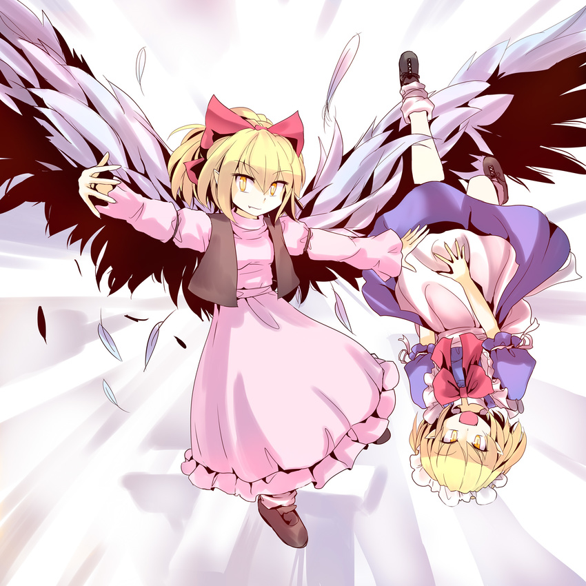 blonde_hair bow culter dress fangs gengetsu hair_bow highres maid maid_headdress mugetsu multiple_girls outstretched_arms pink_dress pointy_ears red_bow touhou touhou_(pc-98) upside-down vest wings yellow_eyes