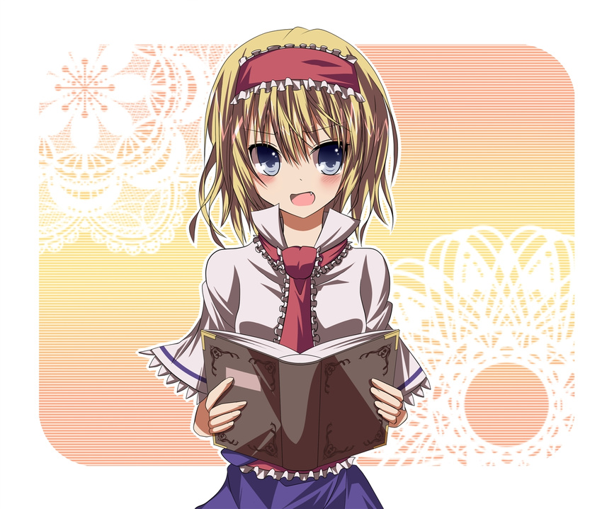 alice_margatroid bad_id bad_pixiv_id blonde_hair blue_eyes blush book capelet fang hairband hikobae holding open_book solo touhou
