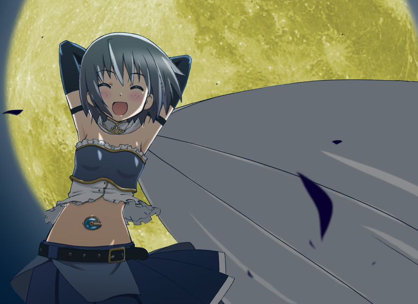 ^_^ armpits arms_behind_head belt blue_hair blush cape closed_eyes elbow_gloves flat_chest full_moon gloves magical_girl mahou_shoujo_madoka_magica midriff miki_sayaka moon omotyanoneko short_hair skirt smile solo wind