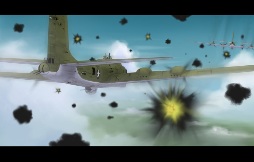 airplane b-17_flying_fortress bomber bullet_hole cloud damaged explosion flak flying gun highres letterboxed military military_vehicle no_humans original sky star war weapon world_war_ii yakuto007
