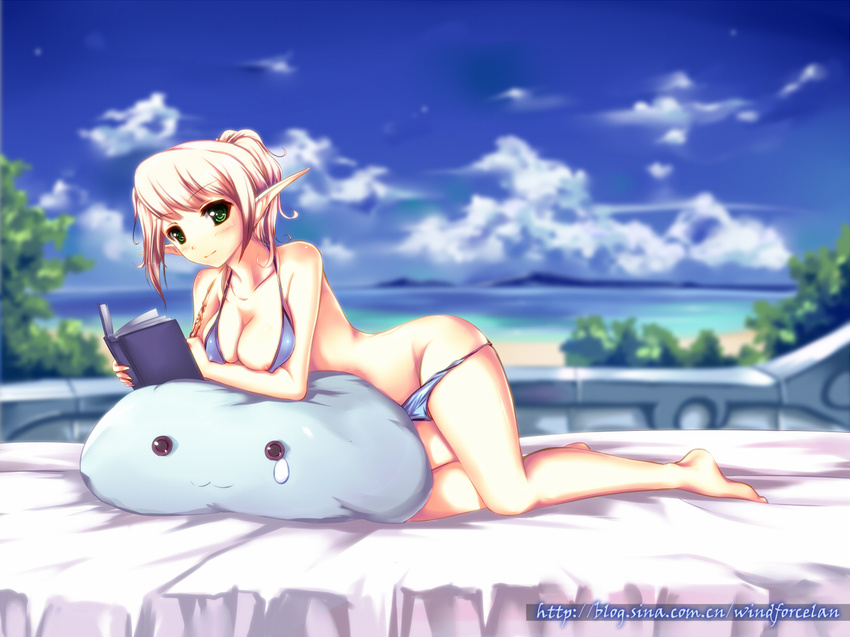 barefoot bikini blonde_hair blood_elf blush book breasts cleavage elf green_eyes large_breasts pointy_ears smile solo swimsuit warcraft windforcelan world_of_warcraft