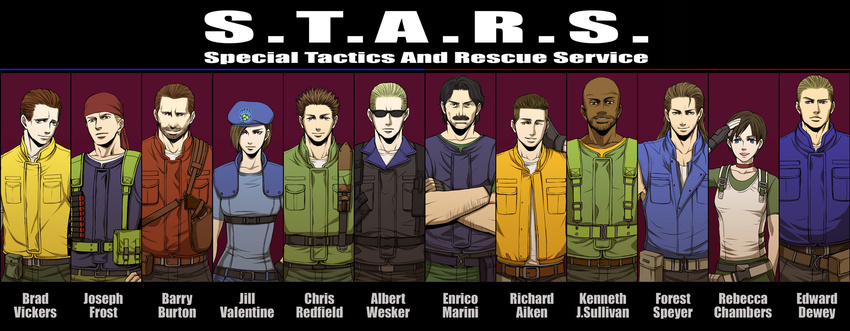 10boys 2girls 6+boys albert_wesker bald bandana bandanna barry_burton beard belt beret black_hair blonde_hair blue_eyes brad_vickers brown_eyes brown_hair chris_redfield crossed_arms dark_skin edward_dewey enrico_marini facial_hair female fingerless_gloves forest_speyer gloves green_eyes gun hat highres holster jacket jill_valentine joseph_frost kenneth_j._sullivan long_hair long_image male multiple_boys multiple_girls mustache pants police police_uniform rebecca_chambers resident_evil richard_aiken salute shirt short_hair shoulder_pads sunglasses umekick83 uniform weapon wide_image