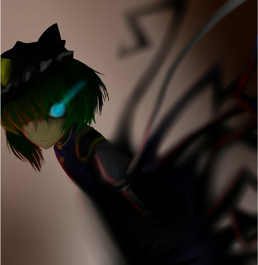 am24 bad_id bad_pixiv_id blue_eyes dark glowing glowing_eyes green_hair hair_over_one_eye hat horror_(theme) shiki_eiki short_hair solo touhou