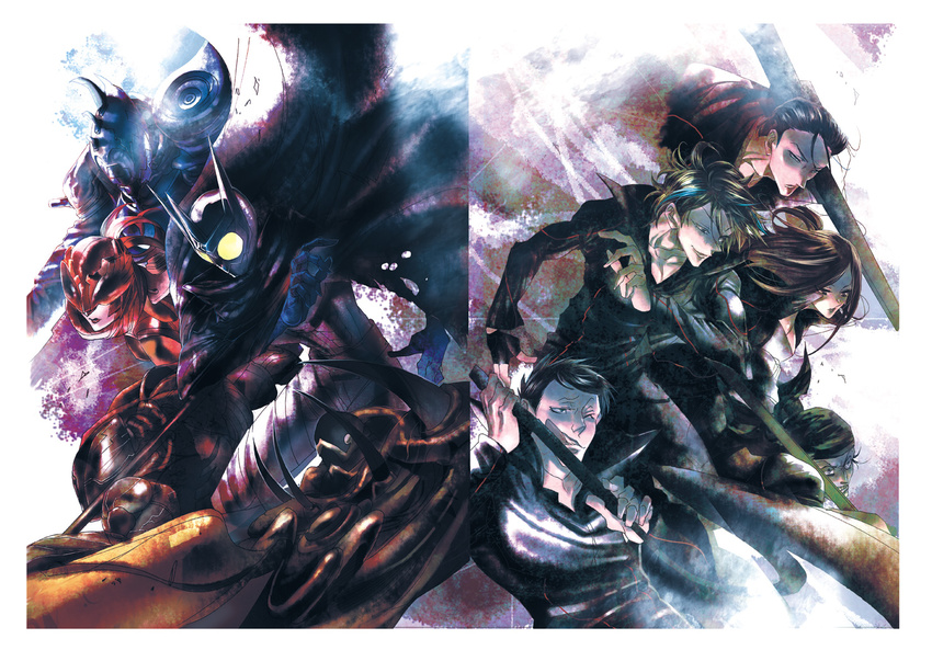 3boys ashihara_ken bad_id bad_pixiv_id coat daido_katsumi domoto_gozo dual_persona from_side full_body hanehara_reika heat_dopant helmet izumi_kyosui japomen kamen_rider kamen_rider_eternal kamen_rider_w long_sleeves luna_dopant metal_dopant monster multiple_boys silver_hair split_screen trigger_dopant