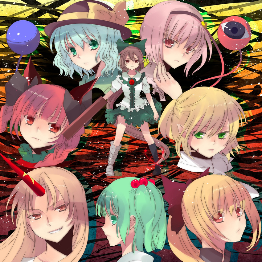 alternate_hairstyle animal_ears aqua_eyes arm_cannon bad_id bad_pixiv_id blonde_hair blue_hair brown_hair cat_ears chirosuke everyone eyeball eyelashes face green_eyes green_hair grin hair_bobbles hair_ornament hairband hat highres horn hoshiguma_yuugi kaenbyou_rin kisume komeiji_koishi komeiji_satori kurodani_yamame long_hair looking_at_viewer mizuhashi_parsee multiple_girls orange_eyes pink_hair pointy_ears ponytail red_eyes reiuji_utsuho short_hair smile standing subterranean_animism touhou twintails weapon