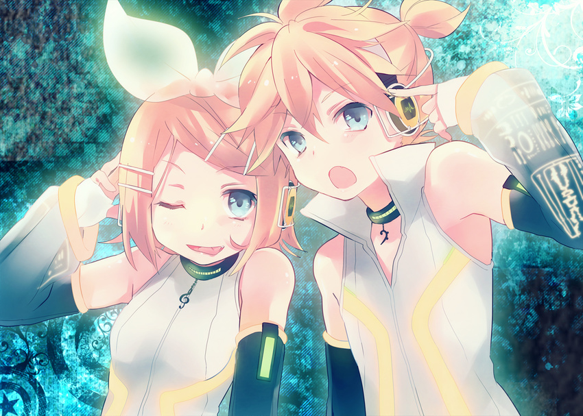 1girl ;p aqua_eyes bad_id bad_pixiv_id blonde_hair brother_and_sister detached_sleeves hair_ornament hair_ribbon hairclip headphones kagamine_len kagamine_len_(append) kagamine_rin kagamine_rin_(append) one_eye_closed ousaka_nozomi ribbon short_hair siblings smile tongue tongue_out twins vocaloid vocaloid_append