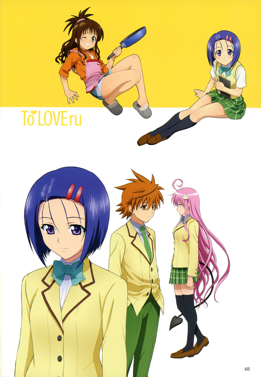 absurdres blue_hair blush brown_hair highres lala_satalin_deviluke legs long_hair miniskirt pink_hair sairenji_haruna scan school_uniform short_hair skirt smile thighs to_love-ru toloveru wink yuuki_mikan yuuki_rito