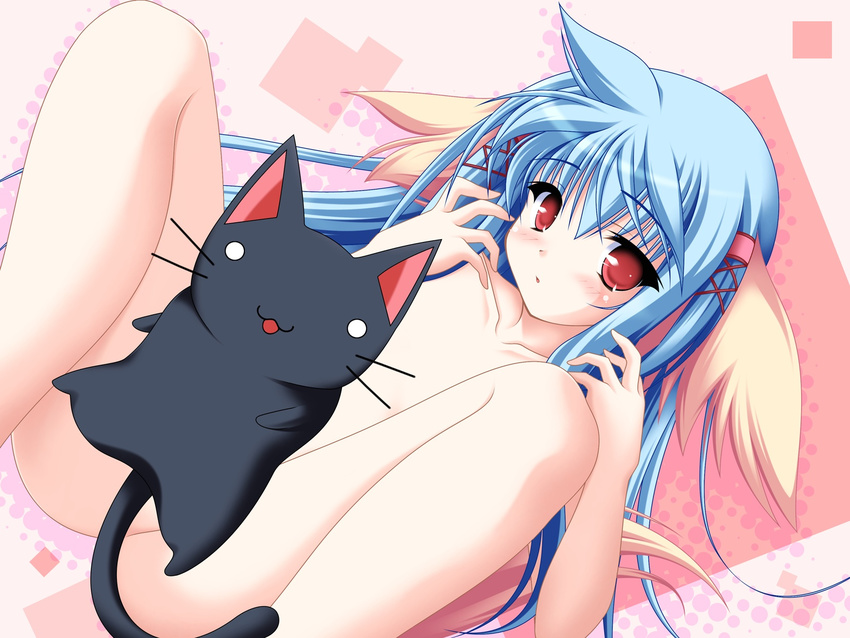 animal animal_ears blue_hair cat kakesu nude nursery_rhyme red_eyes shikishima_kururu tail