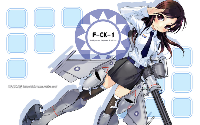 aircraft airplane brown_eyes brown_hair dutch_angle f-ck-1 girl_arms gun highres jet long_hair mecha_musume military necktie personification salute skirt solo thighhighs wallpaper weapon zeco
