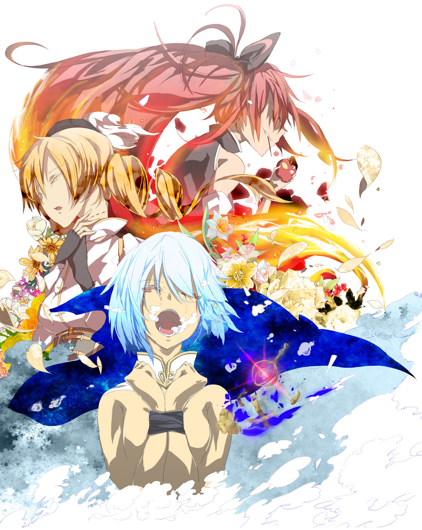 absurdres apple bad_id bad_pixiv_id bdsm blood bloody_tears bondage bound bound_wrists cape closed_eyes flower food fruit grief_seed highres magical_girl mahou_shoujo_madoka_magica miki_sayaka multiple_girls pocky sakura_kyouko siirakannu tears tomoe_mami