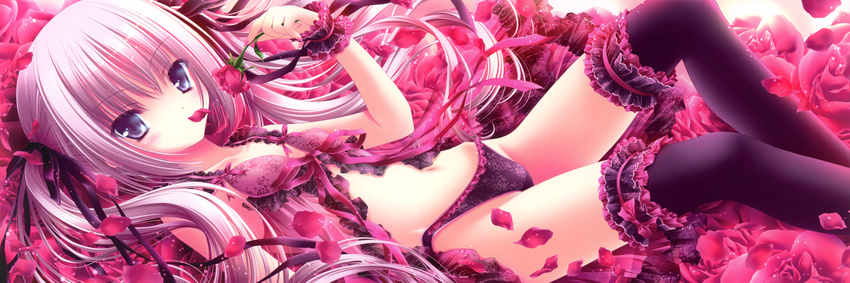 absurdres aqua_eyes black_legwear bra copyright_request flat_chest flower frilled_panties frills garters groin hair_ribbon highres huge_filesize legs lingerie lying mouth_hold navel on_back panties petals pink_flower pink_rose ribbon rose silver_hair solo thighhighs tinker_bell twintails underwear wristband