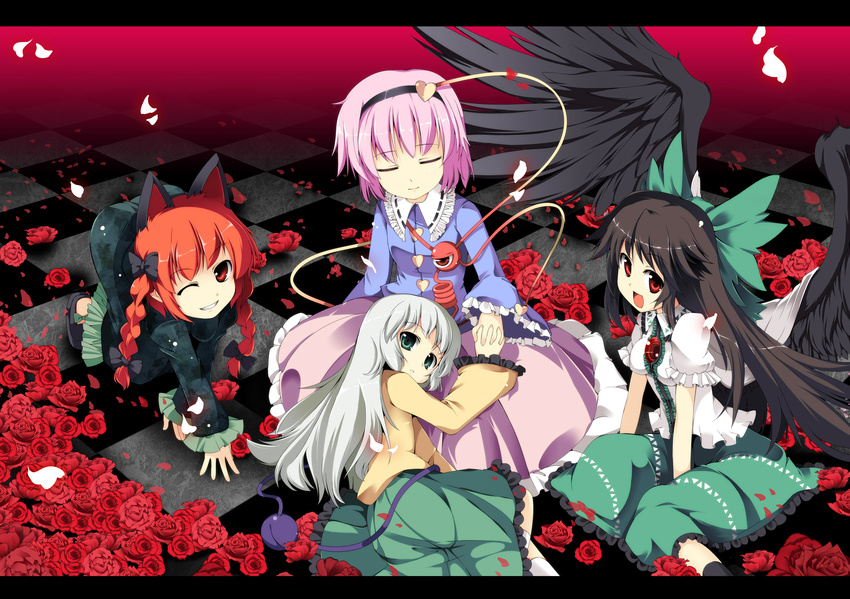 all_fours alternate_hair_length alternate_hairstyle animal_ears black_wings bow brown_hair cape cat_ears checkered checkered_floor closed_eyes extra_ears eyeball flower fujy green_bow hair_bow highres holding_hands interlocked_fingers kaenbyou_rin komeiji_koishi komeiji_satori lap_pillow letterboxed long_hair looking_at_viewer lying multiple_girls no_hat no_headwear on_side one_eye_closed petals pink_hair red_eyes red_flower red_hair red_rose reiuji_utsuho rose rose_petals short_hair silver_hair sitting third_eye touhou wings