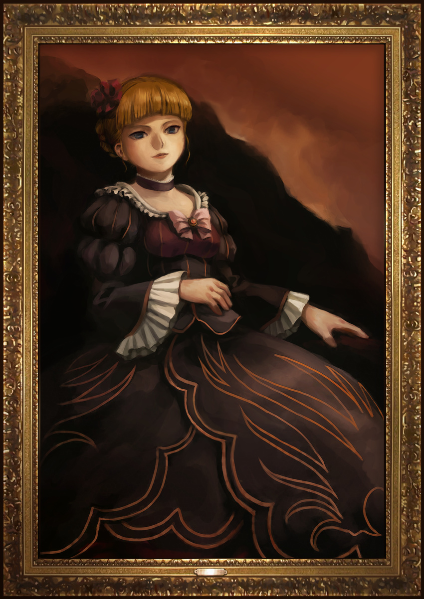 absurdres beatrice blonde_hair blue_eyes bow dress ekusa_takahito feet_out_of_frame frame highres legend_of_the_golden_witch official_art painting_(object) pink_bow solo umineko_no_naku_koro_ni