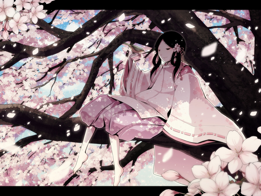 bare_legs barefoot bird black_hair cherry_blossoms dress flower hair_flower hair_ornament hair_ribbon highres in_tree japanese_clothes long_sleeves original pd-x petals pink_dress ribbon sitting sitting_in_tree smile solo tree twintails
