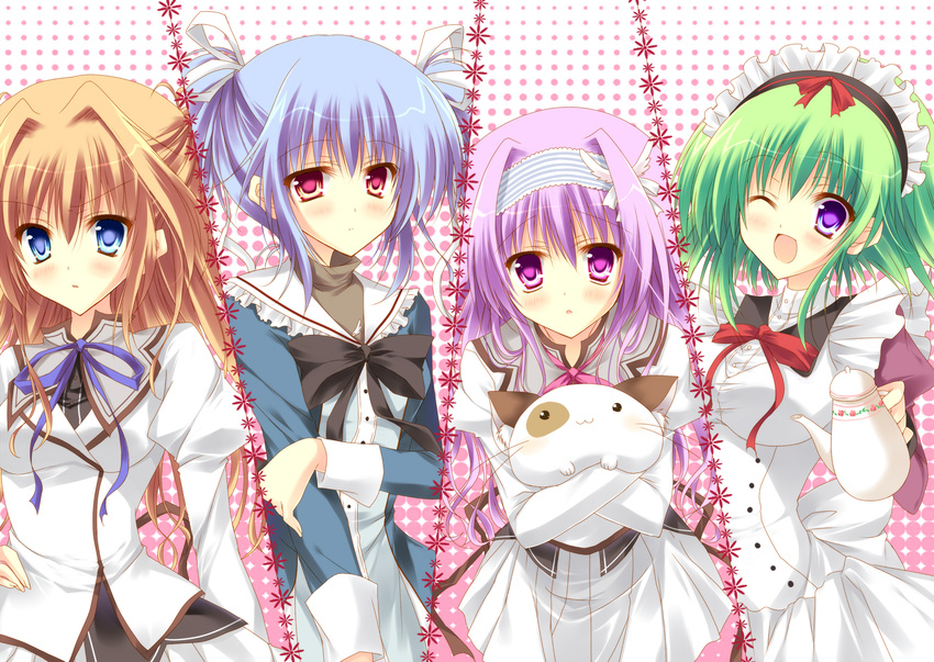 ;d amaha_miu angelina_nanatsu_sewell asakura_hayate bad_id bad_pixiv_id blue_eyes blue_hair blush brown_hair column_lineup green_hair hair_intakes hair_ribbon hairband hand_on_hip highres lavender_hair long_hair maid maid_headdress mashiroiro_symphony multiple_girls one_eye_closed open_mouth pan-nya pink_eyes purple_eyes purple_hair red_eyes ribbon school_uniform sena_airi short_hair smile teapot uryuu_sakuno