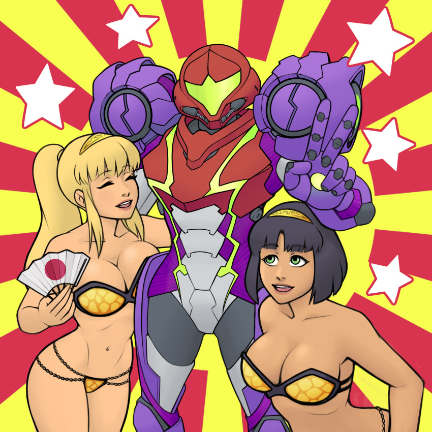 3girls absurdres bikini black_hair blonde_hair breasts cleavage derivative_work gravity_suit guilhermerm hand_fan helmet highres large_breasts looking_at_viewer manga_panel_redraw metroid metroid_dread multiple_girls ponytail power_suit samus_aran smile swimsuit tiara v yuri